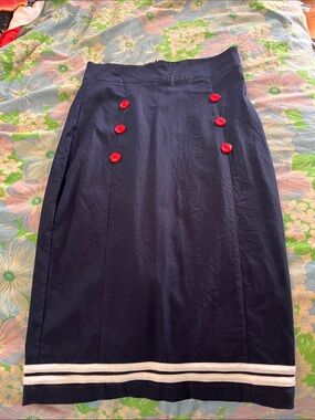 RockSteady Navy Sailor Pencil Skirt with Red Anchor Buttons